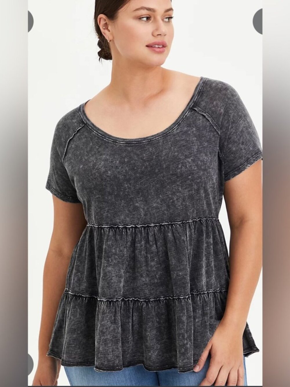 TORRID MINERAL ACID WASH BLACK BABYDOLL TIERED TOP